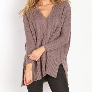Free People Oversized Cable Knit V-Neck Sweater in Mushroom Brown | Small